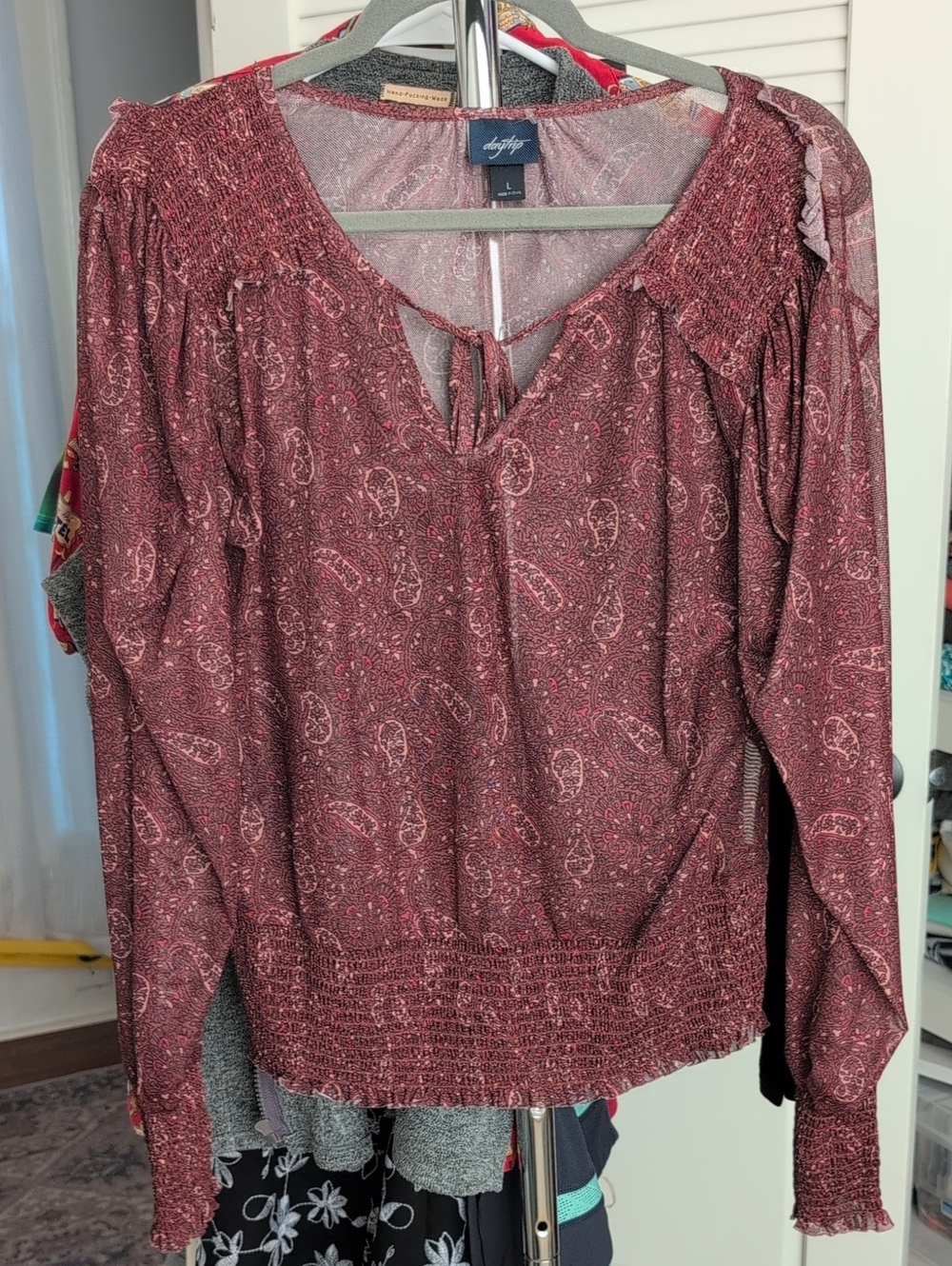 Angie Burgundy Paisley Smocked-Neck Long Sleeve Blouse